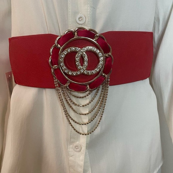 Red PU leather gold tone buckle with rhinestone details elastic waistband belt main image 6